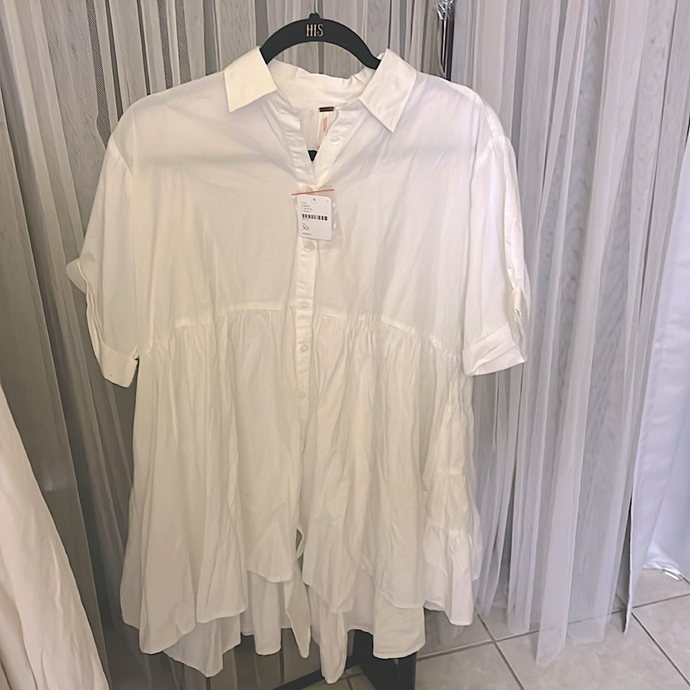 Free People Voluminous White Tiered Shirt Dress